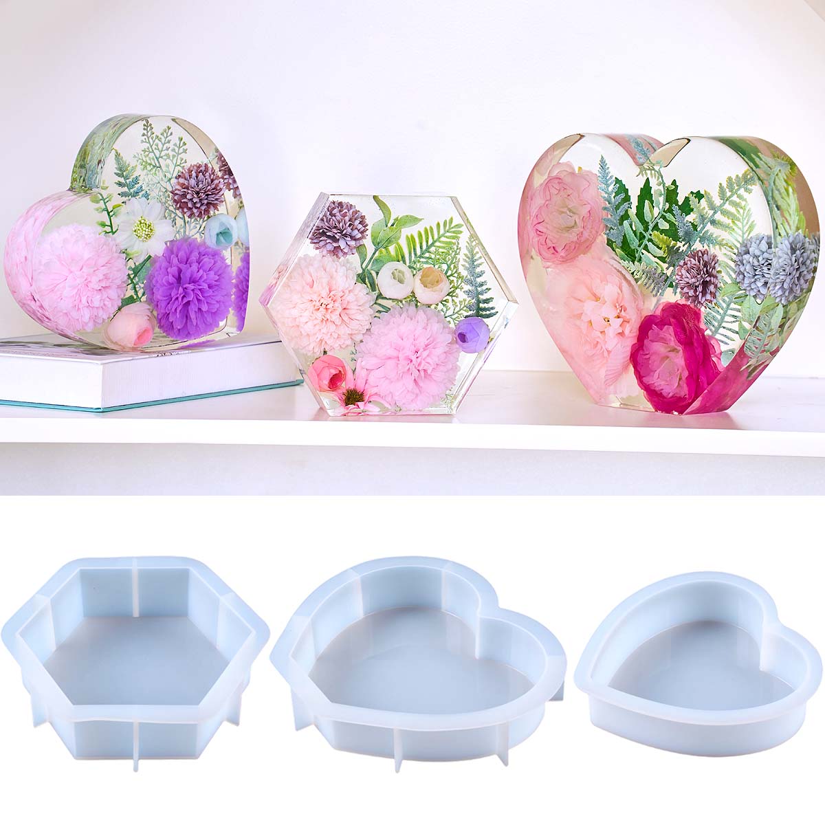 Flower Preservation Resin - แม่พิมพ์ซิลิโคนรูปหัวใจขนาดใหญ่ DIY รูปหกเหลี่ยม สำหรับงานเรซิ่นอีพ็อกซี่ ใช้สำหรับทำที่คั่นหนังสือ ของตกแต่ง
