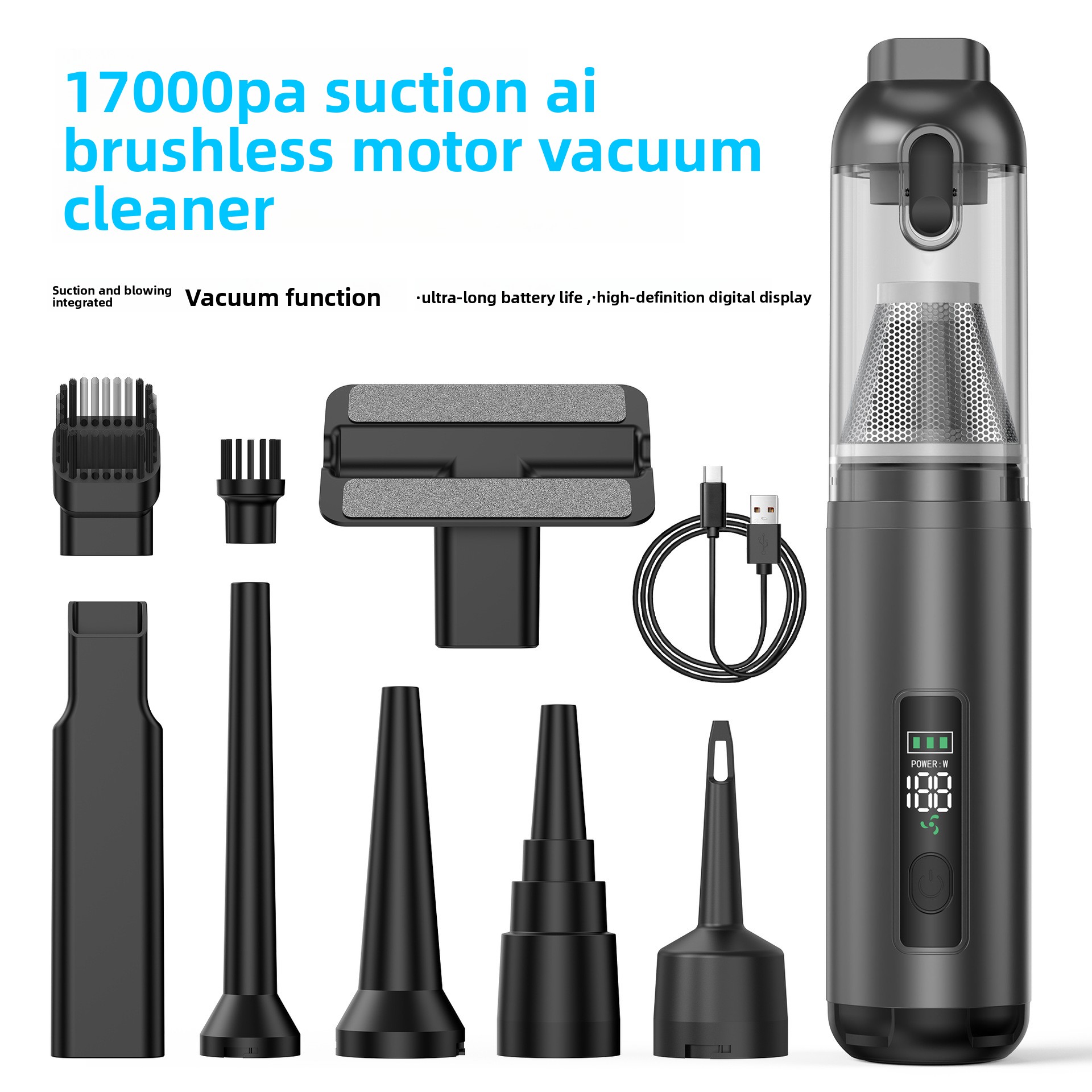Vacuum Chamber Small - เครื่องดูดฝุ่นในรถยนต์กำลังสูง 11.1v พร้อมจอแสดงผลดิจิตอล, เครื่องดูดฝุ่นขนาดเล็กไร้สายสำหรับรถยนต์และบ้าน แรงดูด 16000Pa