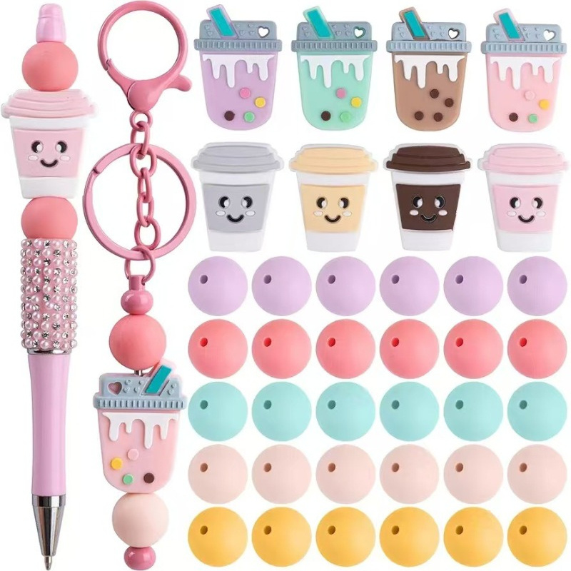 Mixing Cup Silicone - ชุดลูกปัดซิลิโคนรูปแก้วกาแฟและเครื่องดื่ม 48 ชิ้น แบบคละสไตล์ ชุดสีชมพู สำหรับทำพวงกุญแจ